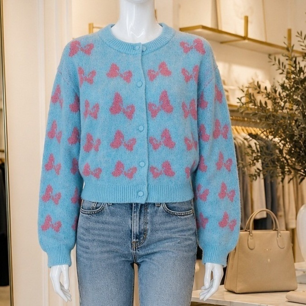 Zara Womens Cardigan Disney Harry Lambert Bow Print Blue Pink Medium